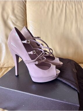 Gucci Lavender Patent Peep-Toe Platform Heels with Triple Straps